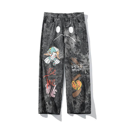 Streetwear Men Loose Denim Pants Graffiti Print Black Vintage Denim Pants Harajuku Joggers Trousers Cotton Jeans - www.Shopthatapp.com