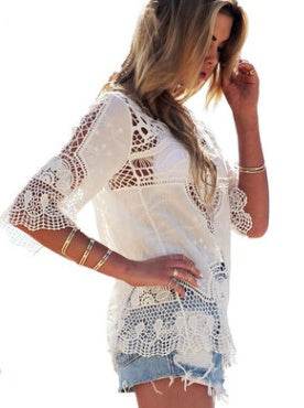 Jastie Bohemian Hollow Out Beach Cover Up Blouse Beach Shirt Women Crochet Lace Top Blusas mujer de moda Summer Tops - www.Shopthatapp.com