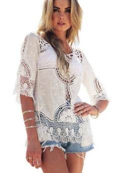 Jastie Bohemian Hollow Out Beach Cover Up Blouse Beach Shirt Women Crochet Lace Top Blusas mujer de moda Summer Tops - www.Shopthatapp.com