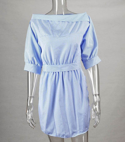 Summer Dress chic slant Shoulder stripe tie belt mini Dress - www.Shopthatapp.com