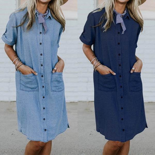 Women's Solid Color Casual Denim Short Sleeve Pocket loose Denim Dress - www.Shopthatapp.com