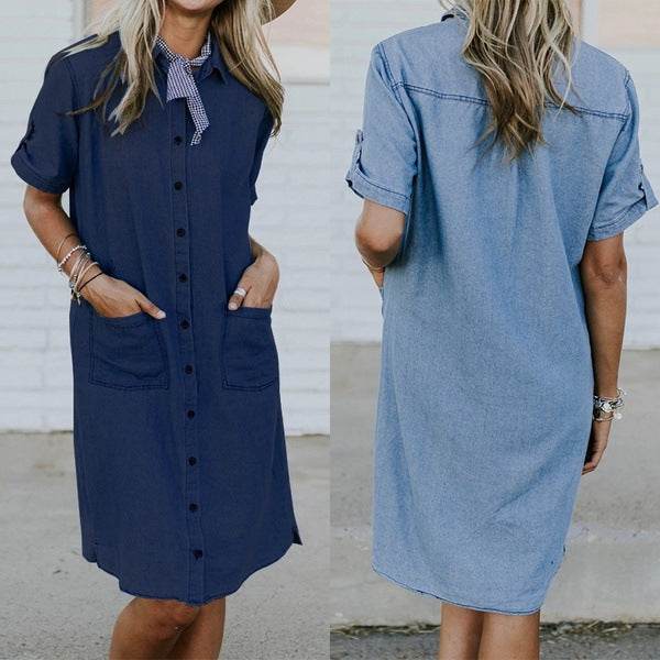 Women's Solid Color Casual Denim Short Sleeve Pocket loose Denim Dress - www.Shopthatapp.com