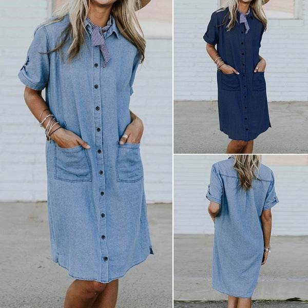 Women's Solid Color Casual Denim Short Sleeve Pocket loose Denim Dress - www.Shopthatapp.com