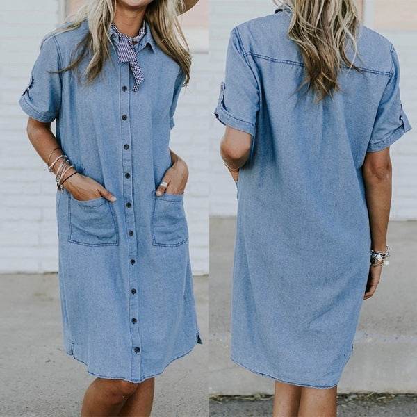 Women's Solid Color Casual Denim Short Sleeve Pocket loose Denim Dress - www.Shopthatapp.com