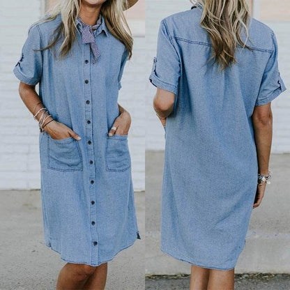 Women's Solid Color Casual Denim Short Sleeve Pocket loose Denim Dress - www.Shopthatapp.com