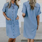 Women's Solid Color Casual Denim Short Sleeve Pocket loose Denim Dress - www.Shopthatapp.com