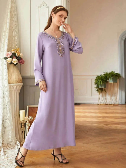 Casual Light Purple Heavy Industry Rhinestone Phnom Penh Robe Middle East Turkey Dress - www.Shopthatapp.com