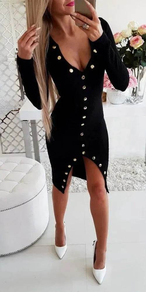 Autumn Winter Party Club V-neck Split Bodycon Sweater Dress - www.Shopthatapp.com
