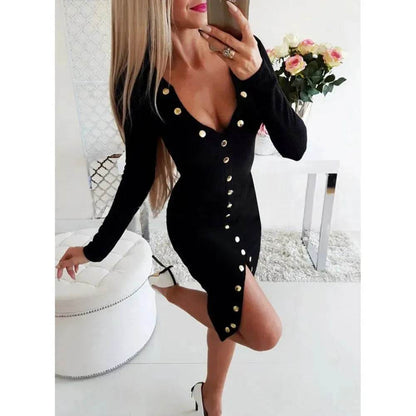 Autumn Winter Party Club V-neck Split Bodycon Sweater Dress - www.Shopthatapp.com
