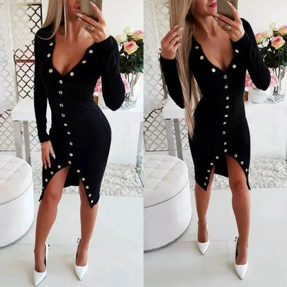 Autumn Winter Party Club V-neck Split Bodycon Sweater Dress - www.Shopthatapp.com