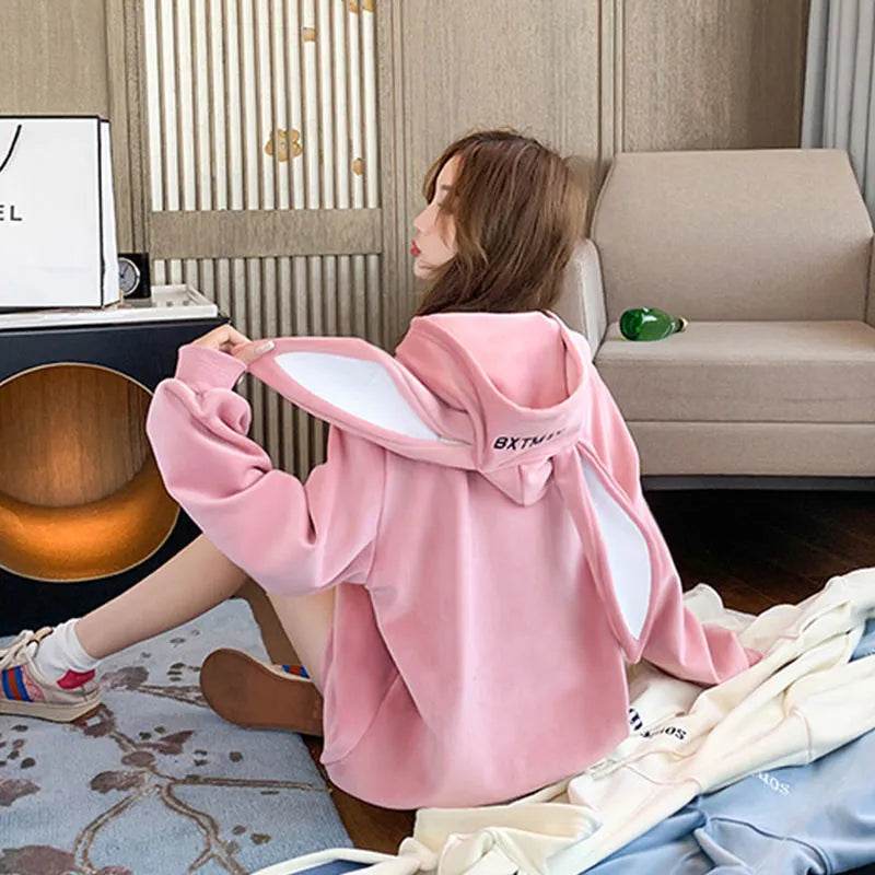 Cute Women Girls Rabbit Ears Plus Velvet Thick Hoodies Pullover Pocket Sweatshirts - www.Shopthatapp.com