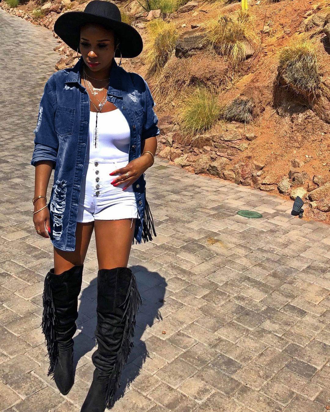 Denim Jacket Women Medium Length Cotton Lapel Style - www.Shopthatapp.com