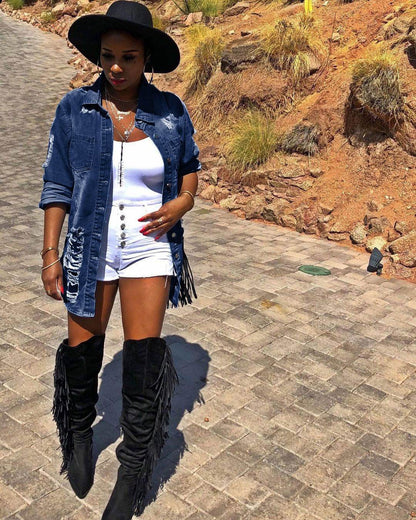 Denim Jacket Women Medium Length Cotton Lapel Style - www.Shopthatapp.com