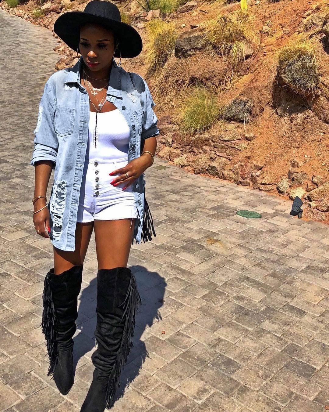 Denim Jacket Women Medium Length Cotton Lapel Style - www.Shopthatapp.com