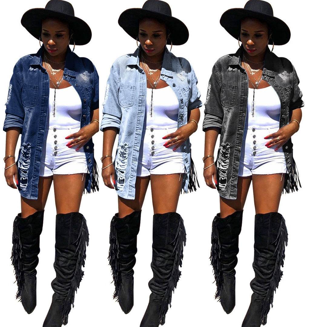 Denim Jacket Women Medium Length Cotton Lapel Style - www.Shopthatapp.com