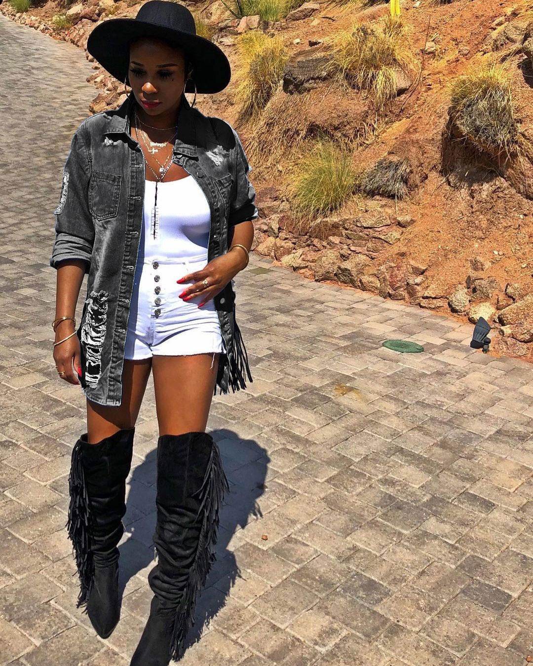 Denim Jacket Women Medium Length Cotton Lapel Style - www.Shopthatapp.com