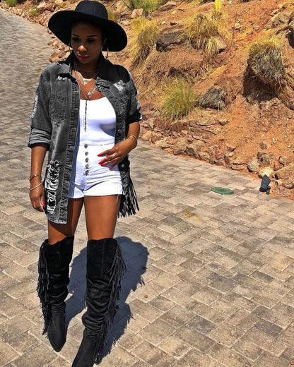 Denim Jacket Women Medium Length Cotton Lapel Style - www.Shopthatapp.com