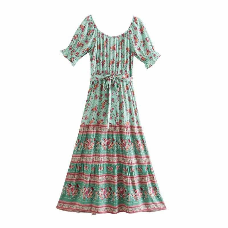Aachoae Women Elegant A Line Long Maxi Dress With Belt Summer Floral Print Beach Dress Ruffle Short Sleeve Bow Tie Chic Dresses - www.Shopthatapp.com