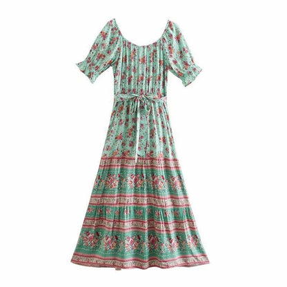 Aachoae Women Elegant A Line Long Maxi Dress With Belt Summer Floral Print Beach Dress Ruffle Short Sleeve Bow Tie Chic Dresses - www.Shopthatapp.com