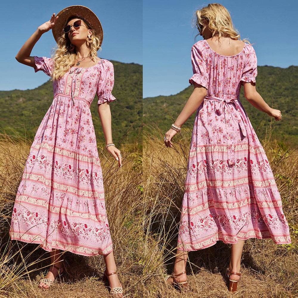 Aachoae Women Elegant A Line Long Maxi Dress With Belt Summer Floral Print Beach Dress Ruffle Short Sleeve Bow Tie Chic Dresses - www.Shopthatapp.com