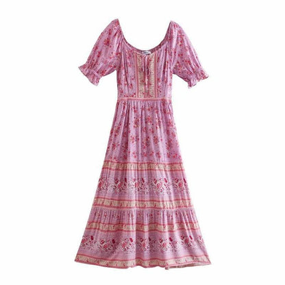 Aachoae Women Elegant A Line Long Maxi Dress With Belt Summer Floral Print Beach Dress Ruffle Short Sleeve Bow Tie Chic Dresses - www.Shopthatapp.com
