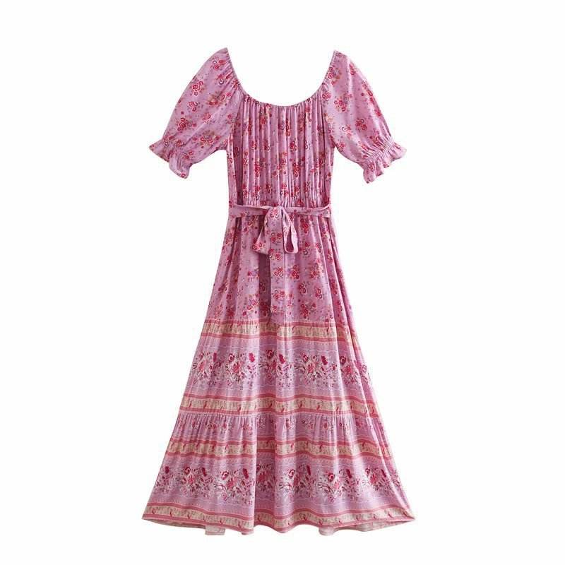 Aachoae Women Elegant A Line Long Maxi Dress With Belt Summer Floral Print Beach Dress Ruffle Short Sleeve Bow Tie Chic Dresses - www.Shopthatapp.com