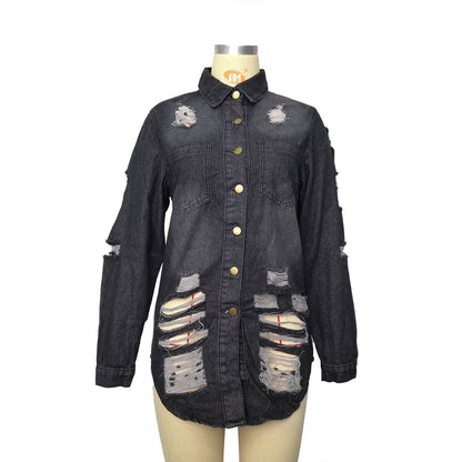 Denim Jacket Women Medium Length Cotton Lapel Style - www.Shopthatapp.com