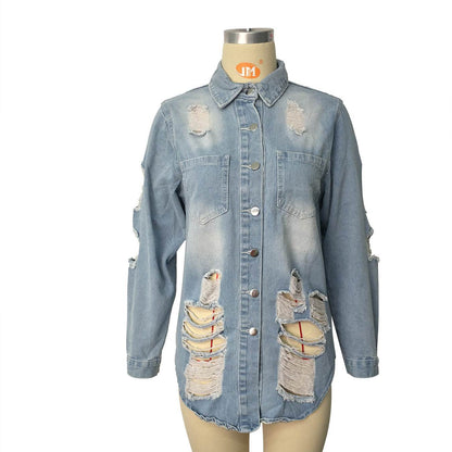 Denim Jacket Women Medium Length Cotton Lapel Style - www.Shopthatapp.com