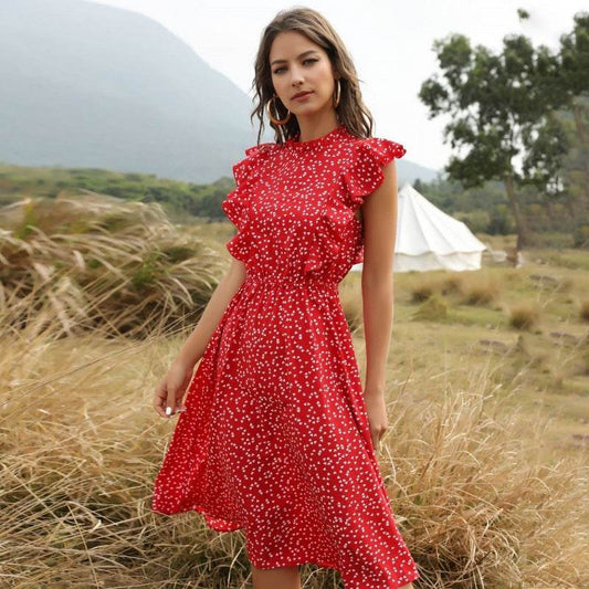 Polka dot Chiffon Ruffled Summer midi dress - www.Shopthatapp.com