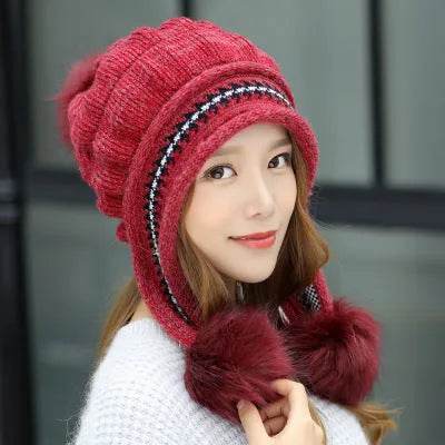Women Cozy Knit Fleece-Feel Beanie With Ear Flaps Winter Hat Perfect For Skiing & Outdoor Activities - www.Shopthatapp.com