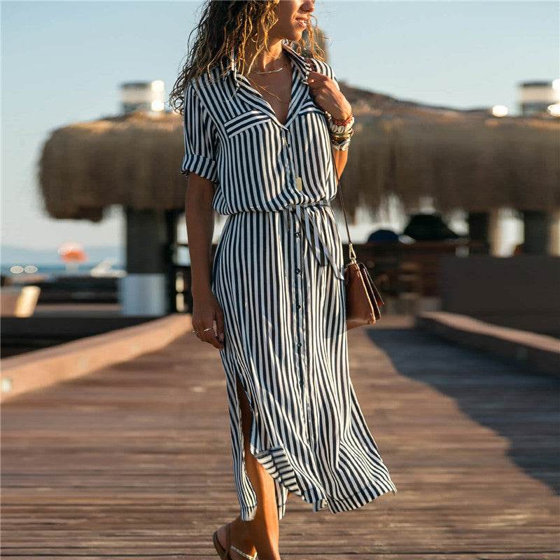 Stripe Shirt Women's Dress Spring Summer Chiffon V-neck Sexy Maxi Dresses Sexy Elegant Casual Girl Lace Women Long Sleeve - www.Shopthatapp.com