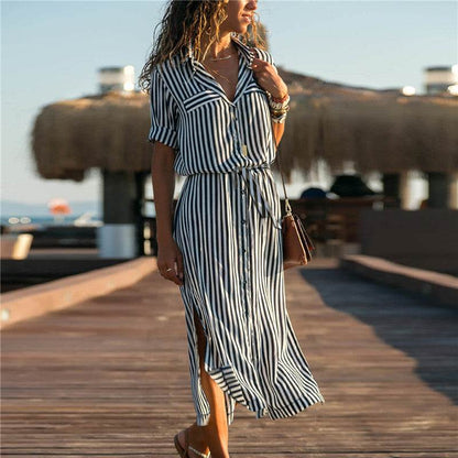 Stripe Shirt Women's Dress Spring Summer Chiffon V-neck Sexy Maxi Dresses Sexy Elegant Casual Girl Lace Women Long Sleeve - www.Shopthatapp.com