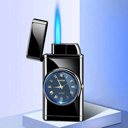 New Lighter With Electric Watch Rocker Arm Automatic Ignition Straight Blue Flame Lighter Creative Real Dial Inflatable Windproof Cigar Lighter Men's Watch Gift - www.Shopthatapp.com