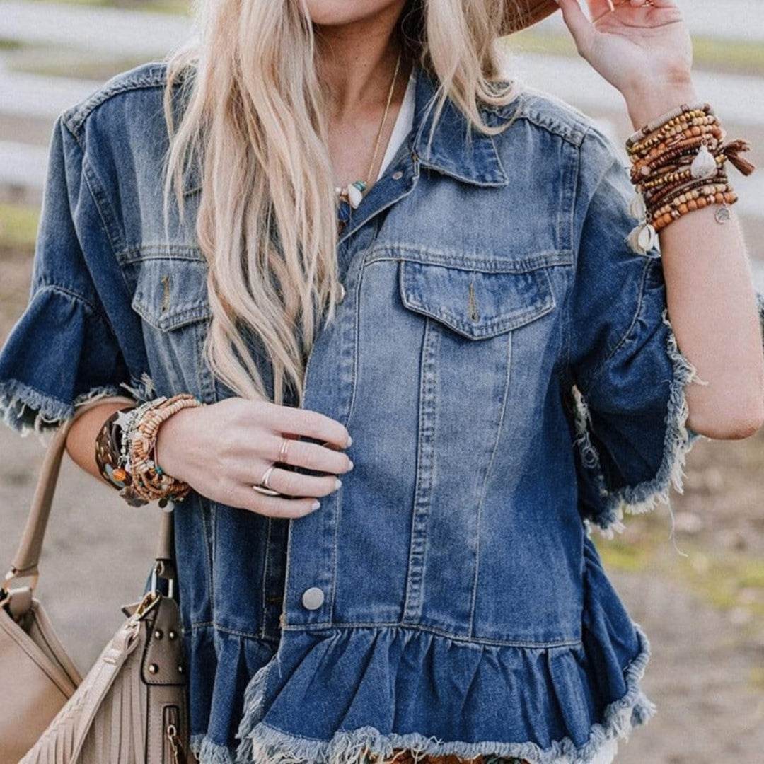 Loose Denim Jacket with Ruffled Sleeves Casual Cotton Style - www.Shopthatapp.com