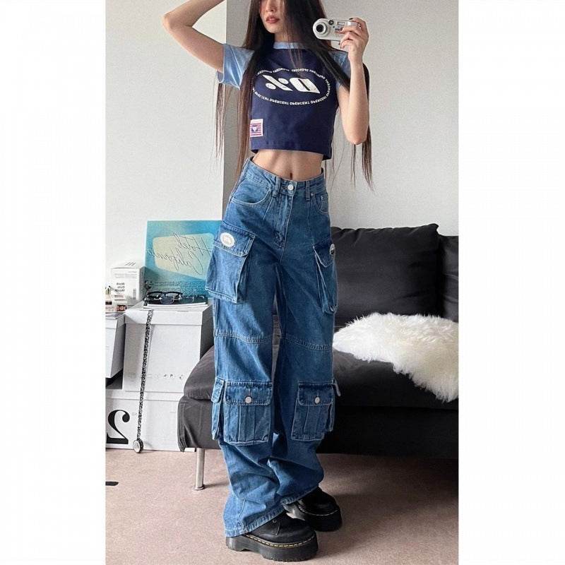 Blue Denim Pant Baggy Boyfriend Cargo Jeans for Women - www.Shopthatapp.com