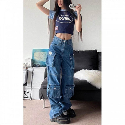 Blue Denim Pant Baggy Boyfriend Cargo Jeans for Women - www.Shopthatapp.com