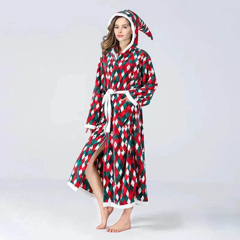 Christmas Sleepwear Women Fleece Hooded Bathrobe Plush Long Robe Winter - www.Shopthatapp.com