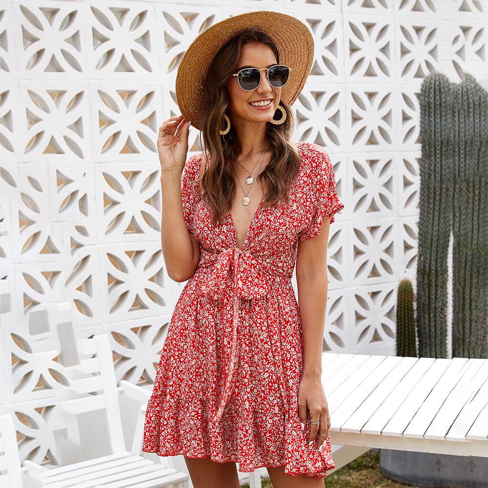 Casual Deep V-neck Short Sleeve Tie belt Floral Summer Mini Dress