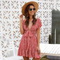 Casual Deep V-neck Short Sleeve Tie belt Floral Summer Mini Dress