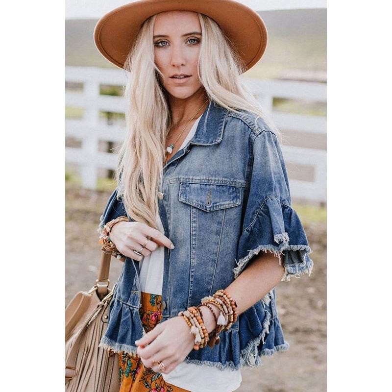 Loose Denim Jacket with Ruffled Sleeves Casual Cotton Style - www.Shopthatapp.com