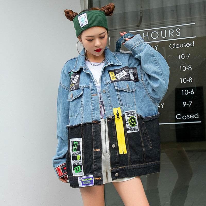 Denim Loose Jacket Women Stylish Graffiti Patch Design - www.Shopthatapp.com