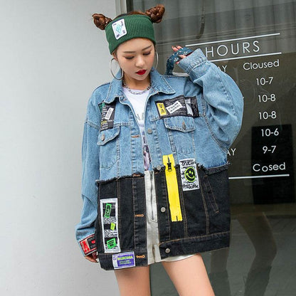 Denim Loose Jacket Women Stylish Graffiti Patch Design - www.Shopthatapp.com