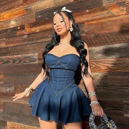 Fashion Tube Top Denim short mini Dress for Club - www.Shopthatapp.com