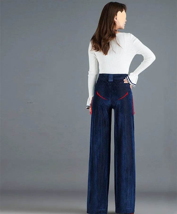 Gold Silk Striped Velvet Wide Leg trouser Pants Women - www.Shopthatapp.com