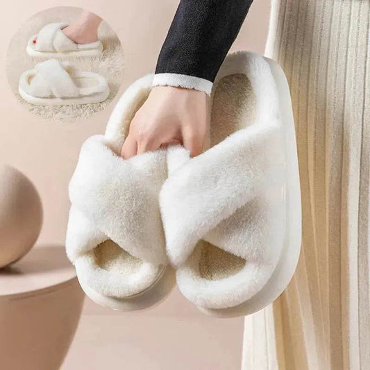 Women's Platform Fuzzy Home Slippers Winter Open Toe Criss-cross Solid Color Casual Floor Slides Indoor Flat Comfy House Shoes - www.Shopthatapp.com