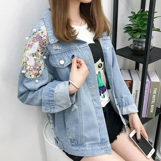 All-match Korean Style Loose Embroidered Denim Jacket Women
