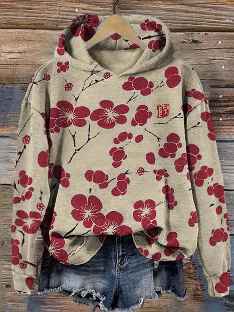 Women Fashion Spring And Autumn Plum Blossom Hooded Super Plus Size Loose-fitting Casual Pullover - www.Shopthatapp.com