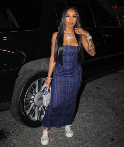 Fashion Strapless Tube Top Denim Long Fitted Jeans Dress - www.Shopthatapp.com