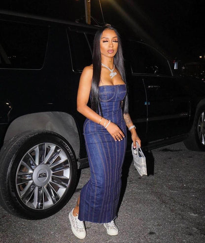 Fashion Strapless Tube Top Denim Long Fitted Jeans Dress - www.Shopthatapp.com