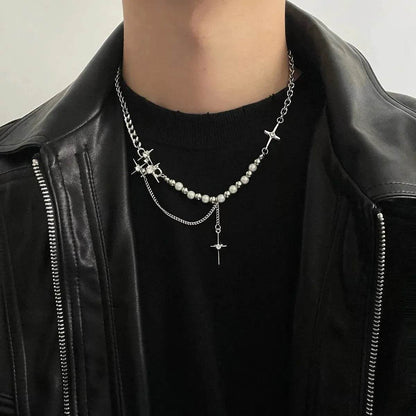 Unisex Style Eight-pointed Stars Reflective Pearl Stitching Necklace - www.Shopthatapp.com